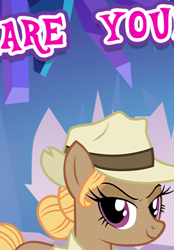 Size: 295x423 | Tagged: safe, gameloft, buried treasure, earth pony, pony, unicorn, g4, my little pony: magic princess, clothes, cropped, english, female, hat, horn, looking at you, mare, meme, solo, text, wow! glimmer