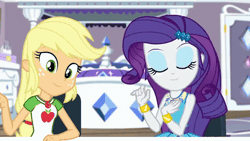 Size: 960x540 | Tagged: safe, screencap, applejack, rarity, human, camping must-haves, equestria girls, g4, my little pony equestria girls: better together, animated, duo, duo female, emoticon, female, geode of shielding, geode of super strength, gif, magical geodes, rarity peplum dress, rarity's bedroom