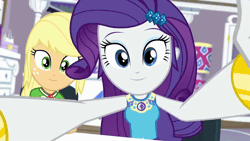 Size: 960x540 | Tagged: safe, screencap, applejack, rarity, human, camping must-haves, equestria girls, g4, my little pony equestria girls: better together, animated, duo, duo female, eyeshadow, female, geode of shielding, geode of super strength, gif, magical geodes, makeup, rarity peplum dress, rarity's bedroom