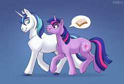Size: 2327x1583 | Tagged: safe, artist:jenery, shining armor, twilight sparkle, pony, unicorn, g4, book, brother and sister, duo, duo male and female, female, gradient background, male, mare, pictogram, siblings, speech bubble, stallion, talking, unicorn twilight