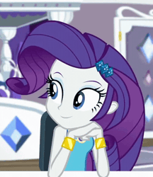 Size: 466x540 | Tagged: safe, screencap, rarity, human, camping must-haves, equestria girls, g4, my little pony equestria girls: better together, animated, cropped, female, geode of shielding, gif, magical geodes, rarity peplum dress, rarity's bedroom, solo