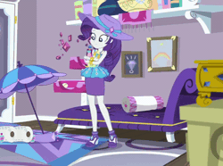 Size: 724x540 | Tagged: safe, edit, edited screencap, screencap, rarity, human, camping must-haves, equestria girls, g4, my little pony equestria girls: better together, animated, couch, cropped, female, geode of shielding, gif, hat, magical geodes, rarity peplum dress, solo, speed up, sun hat, umbrella