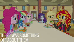 Size: 2000x1125 | Tagged: safe, edit, edited screencap, editor:quoterific, screencap, applejack, fluttershy, pinkie pie, rainbow dash, rarity, sunset shimmer, equestria girls, g4, my little pony equestria girls: rainbow rocks, humane five