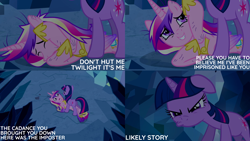 Size: 2000x1125 | Tagged: safe, edit, edited screencap, editor:quoterific, screencap, princess cadance, twilight sparkle, alicorn, pony, unicorn, a canterlot wedding, g4, season 2, duo, duo female, female, floppy ears, lying down, mare, misspelling, on back, on side, unicorn twilight