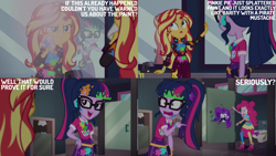 Size: 2000x1125 | Tagged: safe, edit, edited screencap, editor:quoterific, screencap, pinkie pie, sci-twi, sunset shimmer, twilight sparkle, human, equestria girls, equestria girls specials, g4, my little pony equestria girls: sunset's backstage pass, bathroom, bathroom stall, dialogue, female, mirror, paint, paint in hair, toilet, trio, trio female