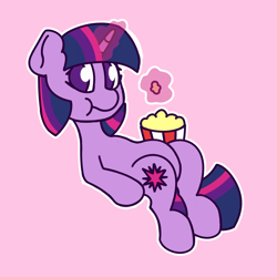 Size: 2048x2048 | Tagged: safe, artist:charleyhorsey, twilight sparkle, pony, unicorn, g4, belly, eating, female, food, herbivore, horn, levitation, lying down, magic, magic aura, mare, on back, popcorn, simple background, solo, telekinesis, unicorn twilight