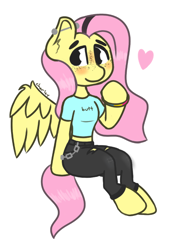 Size: 554x811 | Tagged: safe, artist:charleyhorsey, fluttershy, pegasus, pony, semi-anthro, g4, blushing, bracelet, clothes, denim, ear piercing, female, freckles, jeans, jewelry, manebooru original, mare, pansexual pride flag, pants, piercing, pride, pride flag, punk, shirt, simple background, solo, t-shirt, wings