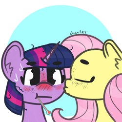 Size: 1280x1280 | Tagged: safe, artist:charleyhorsey, fluttershy, twilight sparkle, alicorn, pegasus, pony, g4, abstract background, art challenge, blushing, duo, female, freckles, kissing, lesbian, manebooru original, manechat challenge, mare, ship:twishy, shipping, sick, thermometer, twilight sparkle (alicorn)