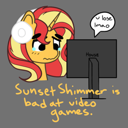 Size: 809x809 | Tagged: safe, artist:charleyhorsey, sunset shimmer, pony, unicorn, equestria girls, g4, art challenge, computer, female, gamer sunset, headphones, honse, horn, manechat challenge, mare, sad, simple background, solo, subverted meme