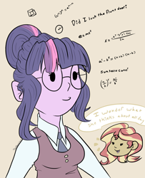 Size: 2664x3277 | Tagged: safe, artist:tkshoelace, sci-twi, sunset shimmer, twilight sparkle, human, equestria girls, g4, clothes, duo, duo female, female, glasses, math, simple background, speech bubble, thinking