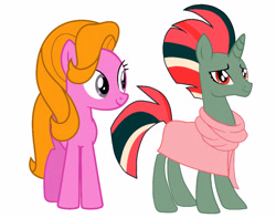 Size: 4096x3226 | Tagged: safe, artist:meghan12345, fizzy, starlight (g1), earth pony, pony, unicorn, g1, g4, my little pony tales, adult, blouse, clothes, duo, duo female, female, g1 to g4, generation leap, golden hair, horn, looking at you, looking on pony, purple eyes, recolor, red eyes, simple background, smiling, smiling at you, standing, white background