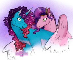 Size: 1342x1109 | Tagged: safe, artist:princedragonoverlord, misty brightdawn, pipp petals, pegasus, pony, unicorn, g5, abstract background, duo, duo female, female, heart, horn, hug, lesbian, looking at each other, looking at someone, rebirth misty, ship:mistypetals, shipping, winghug, wings