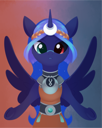 Size: 1675x2092 | Tagged: safe, artist:dusthiel, princess luna, alicorn, pony, g4, atg 2024, female, gradient background, heterochromia, horn, mare, newbie artist training grounds, solo, spread wings, underhoof, wings