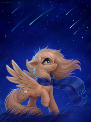 Size: 2000x2667 | Tagged: safe, artist:scheadar, oc, oc only, oc:mirta whoowlms, pegasus, pony, clothes, female, grass, high res, looking up, mare, night, night sky, outdoors, pegasus oc, raised hoof, scarf, shooting star, sky, smiling, solo, spread wings, stars, striped scarf, tail, wings