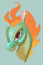 Size: 672x1012 | Tagged: safe, artist:beherelongtime, tianhuo (tfh), dragon, hybrid, longma, them's fightin' herds, community related, female, fire, mane of fire, simple background, solo