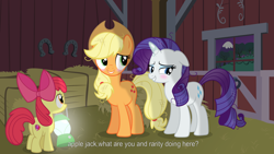 Size: 2560x1440 | Tagged: safe, artist:tlce, apple bloom, applejack, rarity, earth pony, pony, unicorn, g4, applejack's hat, barn, blushing, butt, cowboy hat, female, filly, foal, hat, hay bale, horn, implied lesbian, implied rarijack, implied sex, implied shipping, lantern, mare, messy hair, messy mane, messy tail, mouth hold, plot, tail, trio, trio female, window