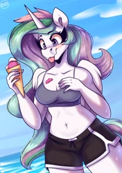 Size: 3300x4700 | Tagged: safe, artist:shadowreindeer, princess celestia, alicorn, anthro, g4, bare shoulders, belly button, bra, breasts, cleavage, clothes, crop top bra, food, high res, ice cream, midriff, ocean, shorts, sleeveless, solo, summer, tongue out, underwear, water, wet