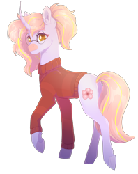 Size: 3330x4200 | Tagged: safe, artist:maxxacure, oc, oc only, oc:pink blossom, pony, unicorn, clothes, commission, curved horn, female, glasses, horn, looking at you, looking back, pink mane, ponytail, simple background, solo, sweater, transparent background, turned head, turtleneck, walking, yellow eyes