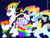 Size: 1024x768 | Tagged: safe, artist:kharmacal, rainbow dash, oc, oc only, oc:bunny hops, oc:neon rainbow, oc:rainbow lights, oc:rainbow ribbon, oc:soul dash, bat pony, pegasus, pony, g4, >:d, blank flank, blaze (coat marking), body markings, bunny ears, cheek fluff, chest fluff, chin fluff, choker, clothes, coat markings, collar, colored hooves, colored pinnae, colored wings, colored wingtips, colorful, ear fluff, ear piercing, earring, eye scar, facial markings, facial scar, fangs, gradient legs, green eyes, group, hoodie, hooves, jewelry, leg scar, lop ears, lying down, multicolored hair, multicolored wings, nose scar, pale belly, piercing, prone, purple eyes, quintet, rainbow hair, rainbow wings, red eyes, scar, socks, spiked collar, spread wings, tail, tail feathers, two toned wings, unshorn fetlocks, wings