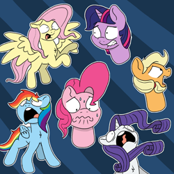 Size: 1600x1600 | Tagged: safe, artist:doodledonutart, applejack, fluttershy, pinkie pie, rainbow dash, rarity, twilight sparkle, earth pony, pegasus, pony, unicorn, g4, atg 2024, chest fluff, female, folded wings, frown, gritted teeth, group, horn, mane six, mare, newbie artist training grounds, open mouth, scared, screaming, sextet, spread wings, sweat, sweatdrop, teeth, wavy mouth, wings