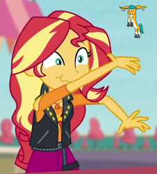 Size: 524x580 | Tagged: safe, edit, edited screencap, editor:horsesplease, screencap, hitch trailblazer, sunset shimmer, series:ask failblazer, equestria girls, equestria girls specials, g4, g5, my little pony equestria girls: better together, my little pony equestria girls: rollercoaster of friendship, cropped, flying, geode of empathy, magical geodes, sad hitch, solo, stifling laughter, throwing, wing ears, wings