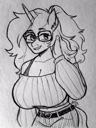 Size: 2448x3264 | Tagged: safe, artist:anastienivna, oc, oc only, oc:joy pad, unicorn, anthro, belt buckle, big breasts, breasts, cleavage, clothes, female, glasses, grayscale, horn, huge breasts, midriff, monochrome, pencil drawing, smiling, solo, sweater, traditional art