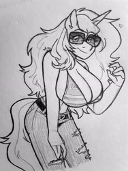 Size: 2448x3264 | Tagged: safe, artist:anastienivna, oc, oc only, oc:joy pad, unicorn, anthro, belt buckle, big breasts, bikini, breasts, cleavage, clothes, cosplay, costume, female, glasses, grayscale, horn, huge breasts, jeans, monochrome, nami, one piece, pants, pencil drawing, ripped jeans, ripped pants, smiling, solo, swimsuit, torn clothes, traditional art