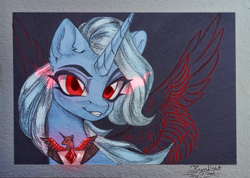 Size: 3983x2843 | Tagged: safe, artist:jsunlight, trixie, pony, unicorn, g4, alicorn amulet, female, horn, mare, red eyes, solo, traditional art