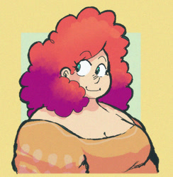 Size: 644x661 | Tagged: safe, artist:punkittdev, pinkie pie, human, g4, alternate name, breasts, bust, cleavage, eyebrows, eyebrows visible through hair, fat, female, humanized, passepartout, pudgy pie, simple background, smiling, solo, yellow background