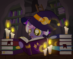 Size: 1200x984 | Tagged: safe, artist:jennieoo, oc, oc only, oc:mystic moonlight, bat pony, pony, book, bookshelf, candle, commission, cute, fangs, female, filly, foal, hat, library, show accurate, solo, witch hat