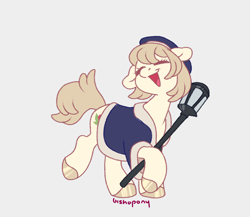Size: 2300x2000 | Tagged: safe, artist:bishopony, part of a set, earth pony, pony, anime, beret, clothes, delicious in dungeon, dungeon meshi, eyes closed, falin touden, female, floppy ears, hat, high res, hoof hold, lamp, mare, open mouth, open smile, ponified, raised hoof, raised leg, robe, shiny hooves, signature, simple background, smiling, solo, staff, standing on two hooves, white background