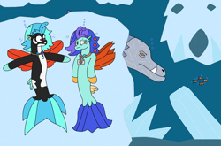 Size: 3034x1998 | Tagged: safe, artist:supahdonarudo, oc, oc only, oc:icebeak, oc:sea lilly, fish, seapony (g4), atg 2024, bubble, camera, dorsal fin, female, fin, fin wings, fins, fish tail, floppy ears, flowing mane, flowing tail, hiding, ice, jewelry, necklace, newbie artist training grounds, ocean, scared, sea monster, spread wings, swimming, tail, underwater, water, wings
