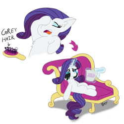 Size: 1560x1560 | Tagged: safe, artist:zeccy, rarity, pony, unicorn, atg 2024, crying, drama queen, fainting couch, food, grey hair, horn, ice cream, newbie artist training grounds, running mascara, solo