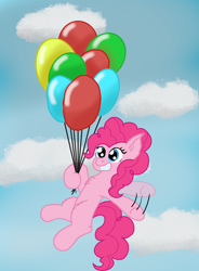 Size: 2000x2712 | Tagged: safe, artist:zeccy, pinkie pie, earth pony, pony, g4, balloon, cloud, female, floating, mare, sky, then watch her balloons lift her up to the sky, waving