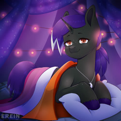 Size: 2000x2000 | Tagged: safe, alternate character, alternate version, artist:erein, oc, oc only, oc:lunar moon, pony, unicorn, bedroom, commission, ears up, female, flag, freckles, garland, high res, horn, indoors, jewelry, lesbian, lesbian pride flag, lgbt, looking at you, multicolored hair, necklace, night, pillow, ponytail, pride, pride flag, pride month, room, scrunchie, smiling, smiling at you, solo, string lights, tail, unicorn oc, unshorn fetlocks, ych result