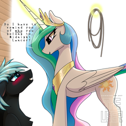 Size: 2000x2000 | Tagged: safe, artist:theuser, princess celestia, oc, oc:midnight lancer, alicorn, pegasus, pony, g4, blushing, canon x oc, concave belly, crown, dialogue, female, folded wings, glowing, glowing horn, height difference, high res, horn, jewelry, magic, magic aura, male, mare, pegasus oc, peytral, regalia, rope, side view, slender, stallion, thin, wings, yandere