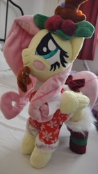 Size: 1152x2048 | Tagged: safe, artist:myhappyplushie, artist:ponyplushiee, fluttershy, pegasus, pony, g4, antlers, gingerbread man, irl, photo, plushie, reindeer antlers, solo, toy