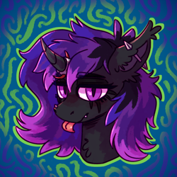 Size: 1658x1658 | Tagged: safe, artist:impamy, oc, oc only, oc:event horizon, pony, unicorn, :p, abstract background, black coat, blushing, bust, chest fluff, ear fluff, ear piercing, eyebrow piercing, eyebrows, eyebrows visible through hair, fangs, female, fluffy, highlights, horn, horn ring, makeup, mare, nose piercing, piercing, purple eyes, purple mane, ring, slit pupils, solo, tongue out