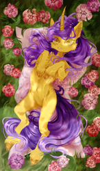 Size: 1624x2782 | Tagged: safe, artist:zeekhult, oc, oc only, oc:tulipan, pony, unicorn, belly button, blanket, cheek fluff, chest fluff, commission, commissioner:luxorianin, curved horn, digital art, digital painting, ear fluff, flower, heart, heart eyes, horn, looking at you, lying down, on back, smiling, solo, unicorn oc, unshorn fetlocks, watermark, wingding eyes