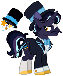 Size: 1509x1820 | Tagged: safe, artist:strawberry-spritz, oc, oc only, oc:shimmering stars, pony, unicorn, g4, clothes, cutie mark, hat, horn, male, reference sheet, simple background, solo, stallion, top hat, transparent background, tuxedo, white sclera