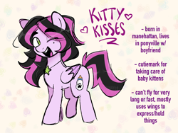Size: 2048x1536 | Tagged: safe, artist:bunnykitty13, oc, oc only, oc:kitty kisses, pegasus, pony, beauty mark, colored wings, colored wingtips, eye clipping through hair, eyebrows, eyebrows visible through hair, floating heart, folded wings, green eyes, heart, implied gay, jewelry, long mane, long mane male, looking back, male, necklace, one eye closed, open mouth, open smile, patterned background, pegasus oc, pink coat, ponysona, purple text, raised leg, shiny mane, shiny tail, smiling, solo, stallion, stallion oc, standing, tail, text, tongue out, two toned mane, two toned tail, two toned wings, watermark, wings, wink