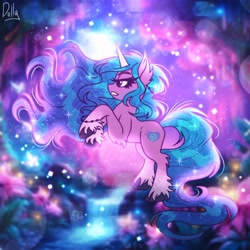 Size: 2048x2048 | Tagged: safe, artist:the-fucking-cannibal, izzy moonbow, pony, unicorn, g5, bracelet, crepuscular rays, ethereal mane, female, flowing mane, flowing tail, forest, horn, jewelry, mare, nature, rearing, river, solo, sparkles, starry mane, starry tail, tail, tree, unshorn fetlocks, water