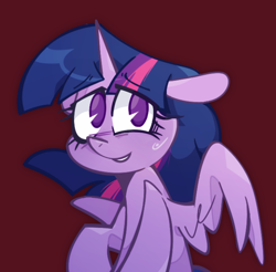 Size: 682x672 | Tagged: safe, alternate version, artist:opossum-stuff, part of a set, twilight sparkle, alicorn, pony, g4, bangs, big eyes, commission, eye clipping through hair, eyebrows, eyebrows visible through hair, eyelashes, female, floppy ears, horn, lidded eyes, mare, nervous, nervous smile, partially open wings, purple coat, purple eyes, raised hoof, red background, shiny mane, simple background, smiling, solo, straight mane, sweat, sweatdrop, three toned mane, twilight sparkle (alicorn), unicorn horn, wings