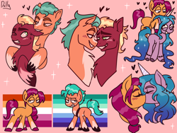 Size: 2048x1536 | Tagged: safe, artist:the-fucking-cannibal, hitch trailblazer, izzy moonbow, sprout cloverleaf, sunny starscout, earth pony, pony, unicorn, g5, biting, blushing, ear bite, female, gay, gay pride flag, horn, kiss on the lips, kissing, lesbian, lesbian pride flag, male, mare, mlm pride flag, pink background, pride, pride flag, ship:clovertrail, ship:moonscout, shipping, simple background, stallion