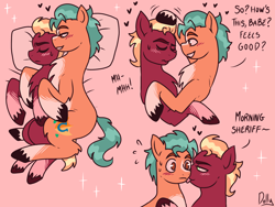 Size: 2048x1536 | Tagged: safe, artist:the-fucking-cannibal, hitch trailblazer, sprout cloverleaf, earth pony, pony, g5, blushing, cuddling, duo, duo male, face licking, gay, head rub, licking, male, pink background, ship:clovertrail, shipping, simple background, stallion