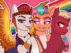 Size: 2048x1536 | Tagged: safe, artist:the-fucking-cannibal, hitch trailblazer, rocky riff, sprout cloverleaf, earth pony, pegasus, pony, g5, eyeshadow, headband, makeup, male, pride month, rainbow, spread wings, stallion, tongue out, trio, wings