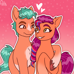 Size: 2048x2048 | Tagged: safe, artist:the-fucking-cannibal, hitch trailblazer, sunny starscout, earth pony, pony, g5, duo, duo male and female, female, friendshipping, gradient background, hoof around neck, looking at each other, looking at someone, male, mane stripe sunny, mare, not shipping, stallion