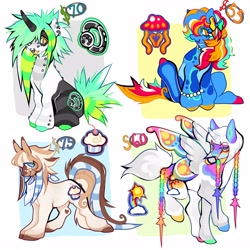 Size: 3000x3000 | Tagged: safe, artist:colorwurm, part of a set, oc, oc only, unnamed oc, alicorn, butterfly, butterfly pony, earth pony, hybrid, pony, unicorn, :3, adoptable, alicorn oc, ambiguous gender, back piercing, bandana, blaze (coat marking), blue coat, blue eyelashes, blue eyes, bobcut, bow, bracelet, bridge piercing, brown coat, brown hooves, brown mane, brown tail, coat markings, colored, colored belly, colored ears, colored eartips, colored eyelashes, colored hooves, colored horn, colored mouth, colored pupils, colored wings, colorful, curved horn, dermal piercing, dyed mane, dyed tail, ear piercing, ear stripes, earring, earth pony oc, eyebrows, eyebrows visible through hair, facial markings, for sale, green hooves, group, hair bow, hair extensions, heart, heart mark, high res, hooves, horn, jewelry, leg piercing, leg stripes, lidded eyes, lip piercing, long horn, mane extensions, mismatched hooves, multicolored coat, multicolored ears, multicolored eyelashes, multicolored eyes, multicolored hair, multicolored hooves, multicolored mane, multicolored tail, multicolored wings, neckerchief, necklace, no catchlights, nose piercing, open mouth, open smile, pale belly, passepartout, pearl bracelet, pearl necklace, piercing, profile, quartet, raccoon tail, rainbow hair, rainbow tail, raised hoof, raised leg, rectangular pupil, scene, scene hair, septum piercing, short hair, simple background, sitting, smiling, snake bites, spiky mane, spiky tail, splotches, spread wings, striped horn, stripes, tail, tail extensions, tall ears, thick eyelashes, two toned coat, two toned eyes, unicorn horn, unicorn oc, wall of tags, white background, white mane, white pupils, white tail, wide stance, wings, yellow eyelashes, yellow eyes, yellow mouth, yellow pupils, yellow tongue