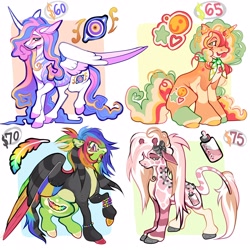 Size: 3000x3000 | Tagged: safe, artist:colorwurm, part of a set, oc, oc only, unnamed oc, alicorn, hybrid, pegasus, pony, unicorn, zony, adoptable, alicorn oc, ambiguous gender, angel bites, bald face, black bow, blaze (coat marking), blue eyes, bow, bracelet, bridge piercing, clothes, coat markings, colored, colored belly, colored eyebrows, colored fetlocks, colored hooves, colored horn, colored muzzle, colored pinnae, colored pupils, colored wings, colored wingtips, coontails, corset piercing, curly mane, curly tail, curly til, curved horn, dermal piercing, dyed mane, dyed tail, ear piercing, earring, ears back, eyebrow piercing, facial markings, floppy ears, for sale, giraffe pony, gray eyes, gray hooves, green eyes, green tongue, group, hair bow, high res, hooves, horn, impossibly long mane, impossibly long tail, jewelry, kandi, kandi bracelet, large wings, leg piercing, leg stripes, leonine tail, lidded eyes, lip piercing, long ears, long horn, long mane, long tail, looking back, mismatched hooves, multicolored eyelashes, multicolored hair, multicolored hooves, multicolored horn, multicolored mane, multicolored tail, multicolored wings, neckerchief, no catchlights, no pupils, open mouth, open smile, orange coat, orange pupils, ossicones, pale belly, partially open wings, passepartout, pegasus oc, piercing, pink coat, pink eyelashes, ponytail, profile, purple hooves, quartet, rainbow hair, rainbow tail, rainbow wings, raised hoof, raised leg, red eyes, scarf, scene, scene hair, shiny hooves, simple background, sitting, smiling, snake bites, socks (coat markings), spots, spotted, standing, stripes, tail, three toned mane, three toned tail, tied mane, tongue out, tri-color mane, tri-color tail, tri-colored mane, tri-colored tail, tricolor mane, tricolor tail, tricolored mane, tricolored tail, two toned coat, unicorn horn, unicorn oc, wall of tags, white background, white coat, wing markings, wings, yellow pupils