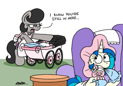 Size: 2197x1539 | Tagged: safe, artist:bobthedalek, dj pon-3, vinyl scratch, oc, oc:mixed melody, oc:octavia's mother, earth pony, pony, unicorn, g4, adorable distress, apron, atg 2024, baby carriage, bonnet, booties, chair, clothes, cute, diaper, duo, duo female, female, hiding, horn, mare, newbie artist training grounds, non-baby in diaper, pacifier, sweat, sweatdrop, sweatdrops, table, this will end in intensive mothering